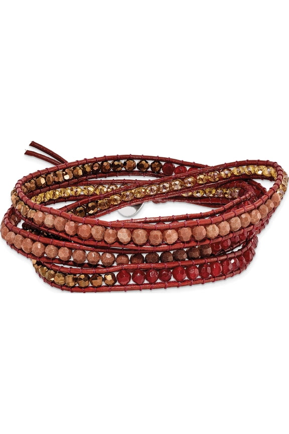 Fashion Crystal/Red Quartz/ Red Sand Stone/Leather Multi-wrap Bracelet