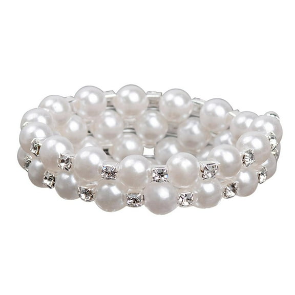Fashion Crystal White Faux Pearl Stretch Bracelet 2 Row