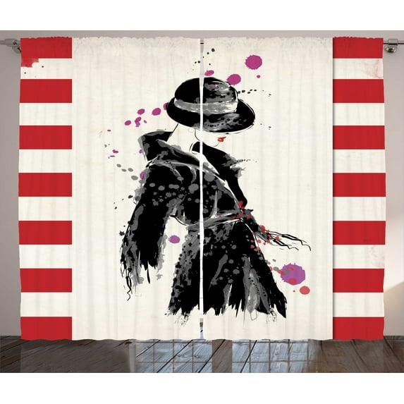 Ambesonne Fashion Curtains 2 Panel Set, Modern Woman in Coat, 108" x 63", Black Red