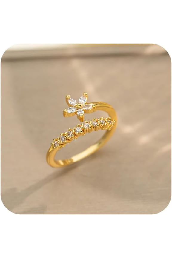 Fashion Cute Small CZ Flower Open Rings 14K Gold Plated Silver Stackable Cubic Zirconia Thin Simulated Diamond Rings Half Pave Anniversary Dainty Statement Eternity Band Gifts for Women (Gold)