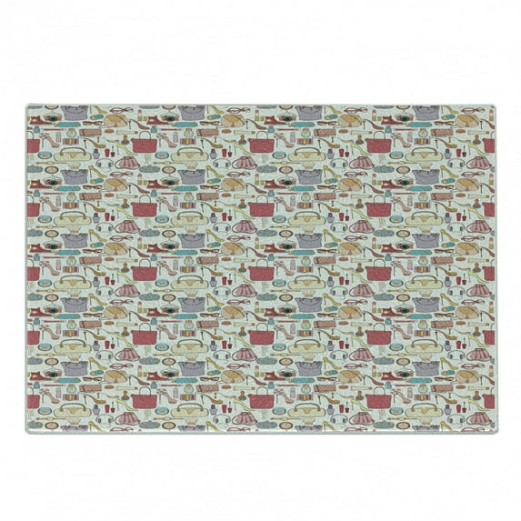 Fashion Cutting Board, Concept of Scattered Women Cosmetics and Accessories Bags Shoes Make up Camera, Decorative Tempered Glass Cutting and Serving Board, in 3 Sizes, by Ambesonne