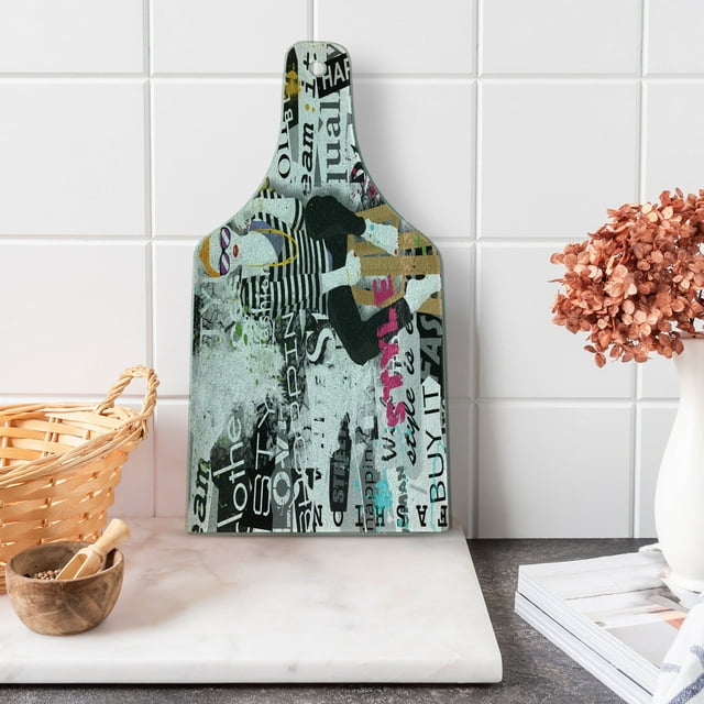 Fashion Cutting Board, Model Posing and Sitting on Tabouret with Clothes Grunge Street Style Print, Tempered Glass Cutting and Serving Board, Wine Bottle Shape, White and Black, by Ambesonne