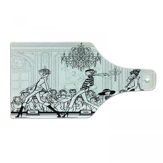 Fashion Cutting Board, Show Catwalk Mannequins Audience Supermodel Human Crowd Illustration, Decorative Tempered Glass Cutting and Serving Board, Wine Bottle Shape, White Black, by Ambesonne