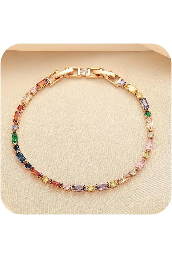 Fashion Dainty Multi-Color Gemstone Classic Tennis Bracelet for Women 3mm Rainbow Diamond CZ Cubic Zirconia 18K Rose Gold Plated Bridal Bracelet Adjustable Size 8"Zircon Color is Random