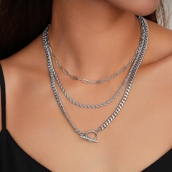 Fashion Dainty Toggle Clasp Pendant Necklaces For Women, Silver / 14K Plated Gold Layered Necklaces For Women, Herringbone Necklace Cuban Link Paperclip Chain Necklace For Women Trendy[o4619]