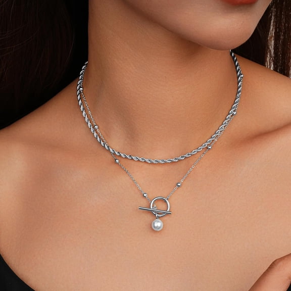 Fashion Dainty Toggle Clasp Pendant Necklaces For Women, Silver / 14K Plated Gold Layered Necklaces For Women, Herringbone Necklace Cuban Link Paperclip Chain Necklace For Women Trendy[o4621]