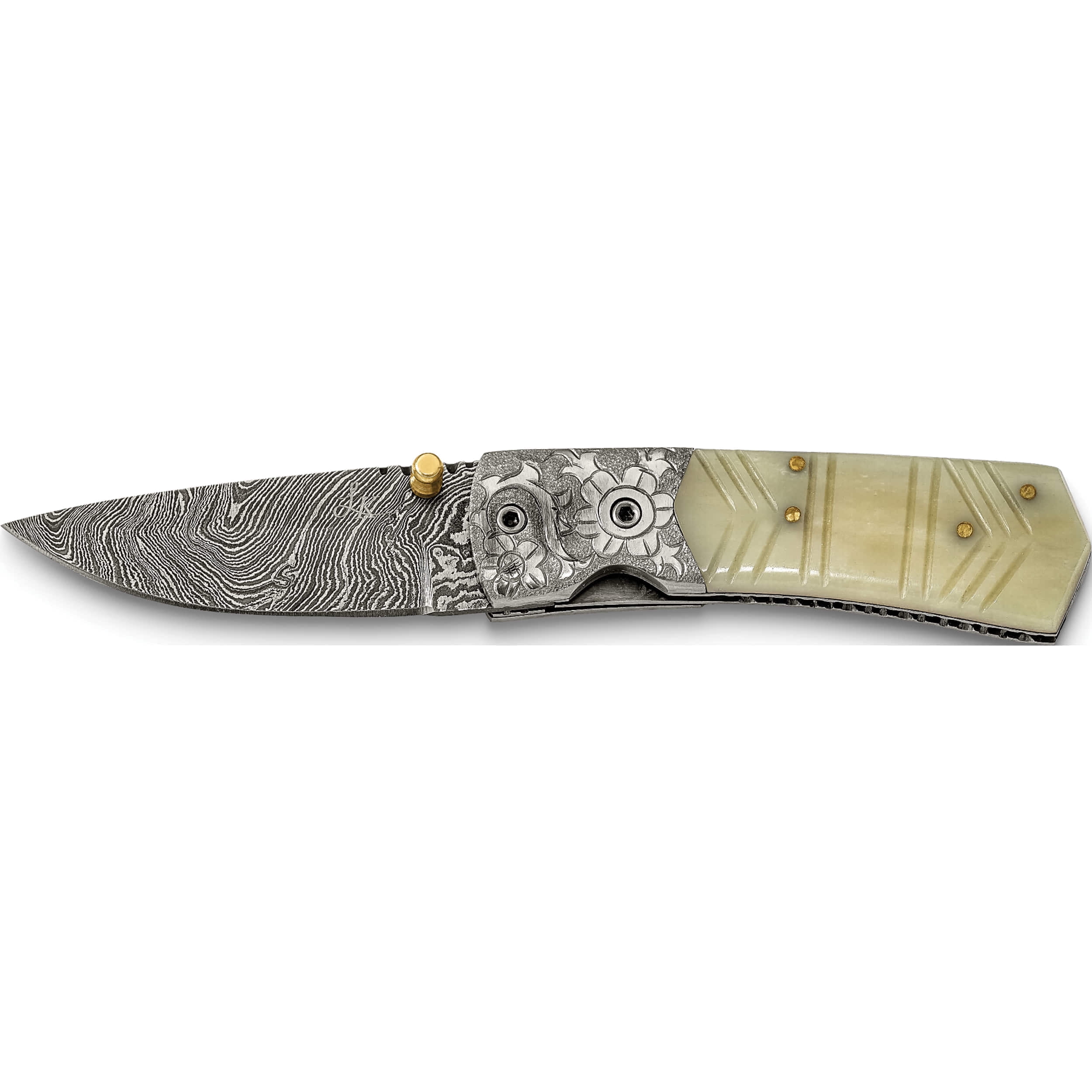Fashion Damascus Steel 256 Layer Folding Carved Camel Bone Handle Knife (6.3 X 1) Made In Pakistan kn3218
