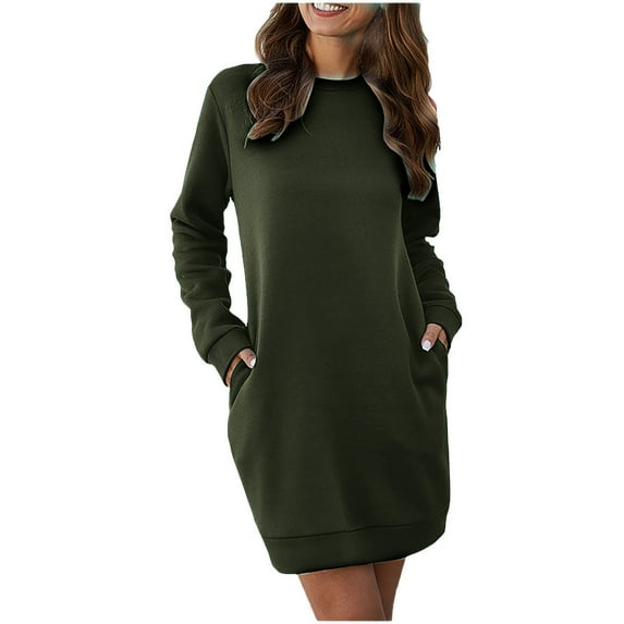 Fashion Deals 2023 Lindreshi Casual Fall Dress Clearance Fashion Women Summer Casual Loose Full Sleeve Pocket Rround Collar Solid Dress