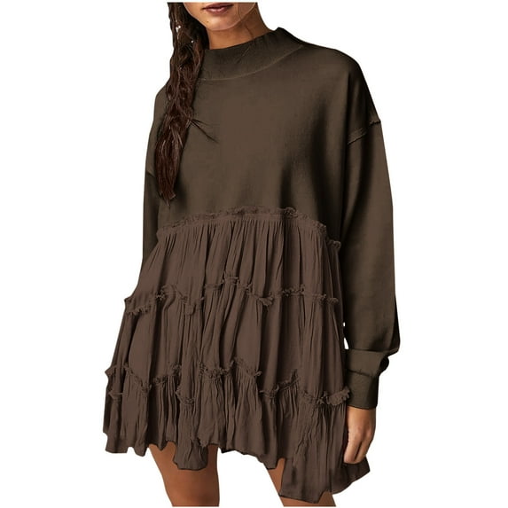 Fashion 2025 Lindreshi Fall Dresses for Teens with Long Sleeves Womens Oversized Sweatshirt Dress Long Sleeve Crewneck Pullover Tops Sweatshirts Mini Dress