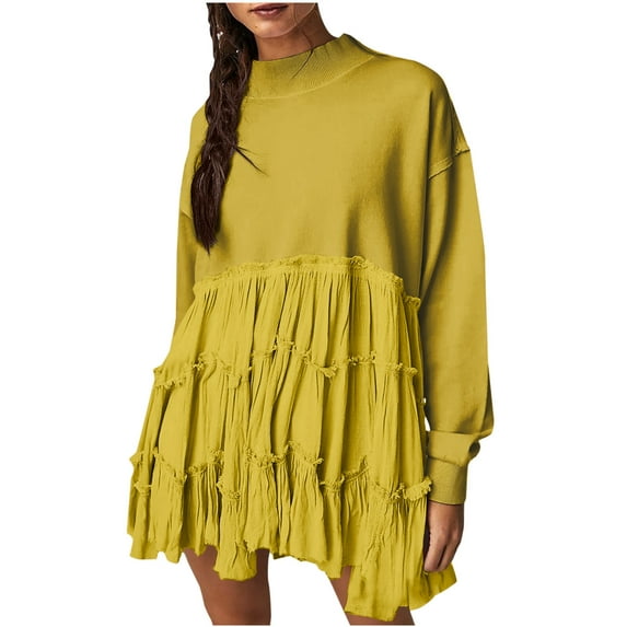Fashion Deals 2023 Lindreshi Fall Dresses for Teens with Long Sleeves Womens Oversized Sweatshirt Dress Long Sleeve Crewneck Pullover Tops Sweatshirts Mini Dress