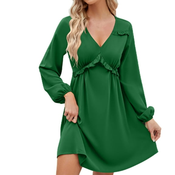 Fashion 2025 Lindreshi Fall Dresses for Teens with Long Sleeves Fashion Women Long Sleeve Solid Color V-Neck Short Skirt Casual Dress