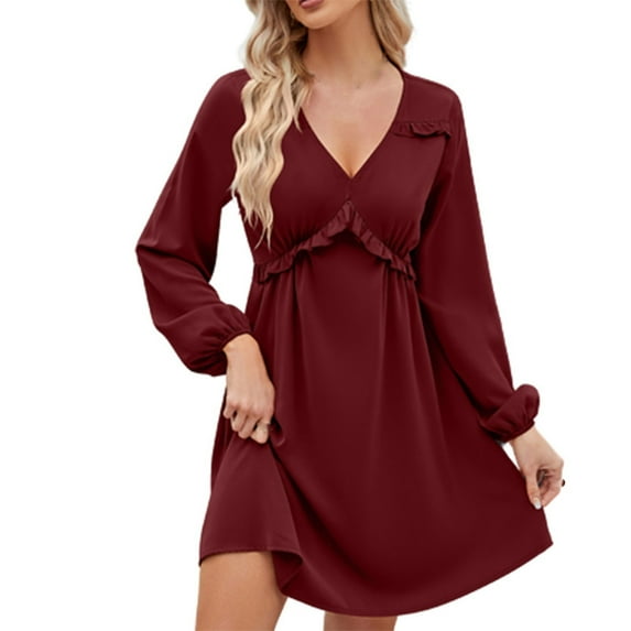 Fashion 2025 Lindreshi Fall Dresses for Teens with Long Sleeves Fashion Women Long Sleeve Solid Color V-Neck Short Skirt Casual Dress