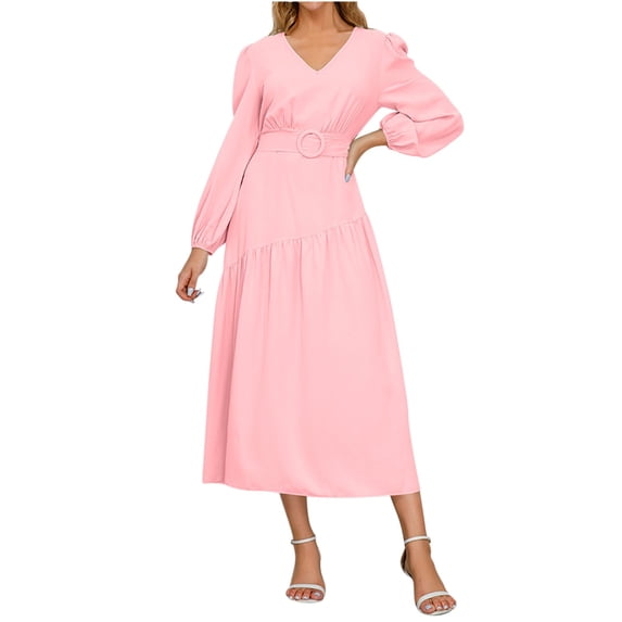Fashion 2023 Lindreshi Fall Dresses for Women 2023 Homecoming Dresses Women's Fashion Vintage V Neck Long Sleeve Solid Dresses