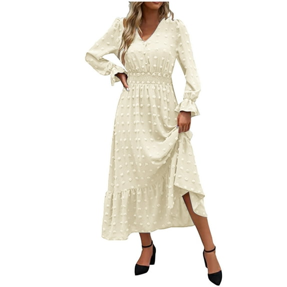 Fashion Deals 2023 Lindreshi Long Sleeve Dresses for Women Midi Fall and Winter New Slim Temperament Dress Collar Bubble Sleeve Pleated Skirt