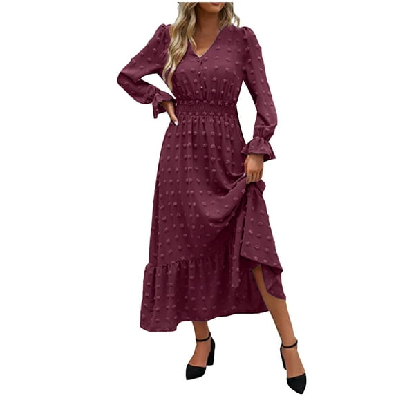 Fashion Deals 2023 Lindreshi Long Sleeve Dresses for Women Midi Fall and Winter New Slim Temperament Dress Collar Bubble Sleeve Pleated Skirt
