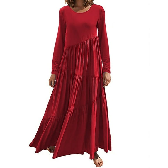 Fashion 2025 Lindreshi Maxi Dresses for Women Long Sleeve Women's Solid Color Loose Long Sleeve Long Dress Round Neck Asymmetric Layered Beach Long Dress