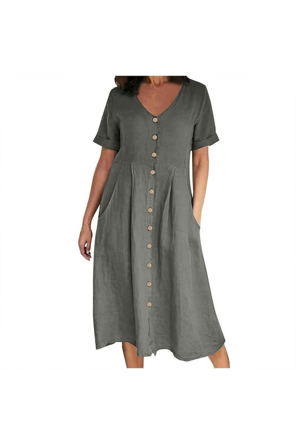 Fashion 2025 Lindreshi Plus Size Dresses Casual Formal Fashion Women Summer Casual V-Neck Solid Short Sleeve Button Pocket Cotton Linen Dress