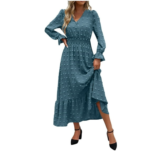 Fashion Lindreshi Long Sleeve Dresses for Women Midi Fall and Winter New Slim Temperament Dress Collar Bubble Sleeve Pleated Skirt
