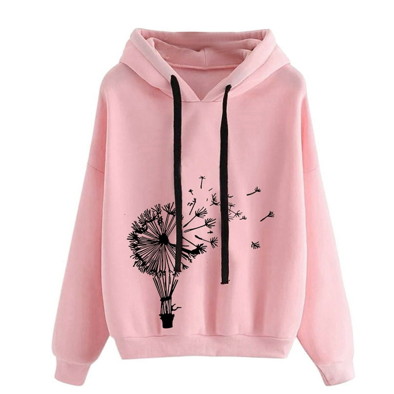Fashion Deals Sale! RQYYD Dandelion Print Hooded Sweatshirts Women Long  Sleeve Crew Neck Hoodie Tunic Tops for Leggings Cute Graphic Fall Comfy  Pullover (Pink,XL) 