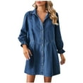 thumbnail image 1 of Fashion Denim Dress for Women 2025 Long Sleeve Ruffle Cuffs Button Up Jean Shirt Dress Loose Babydoll Cute Dress (Large, Dark Blue), 1 of 7