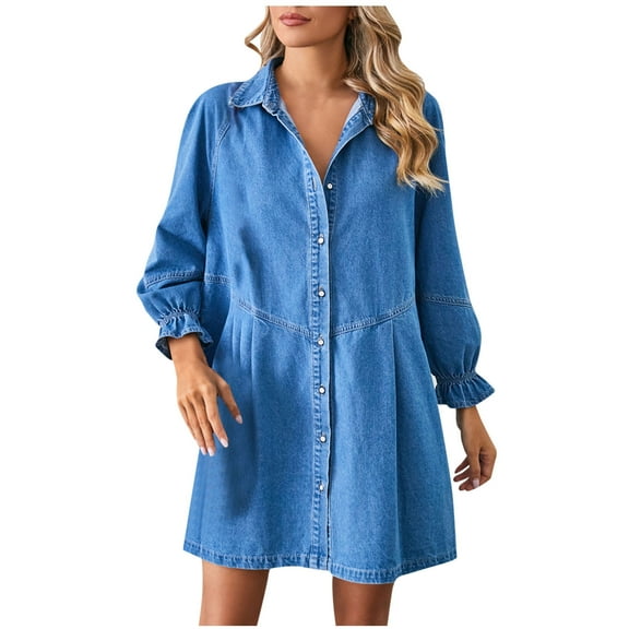 Fashion Denim Dress for Women 2025 Long Sleeve Ruffle Cuffs Button Up Jean Shirt Dress Loose Babydoll Cute Dress (X-Large, Light Blue)