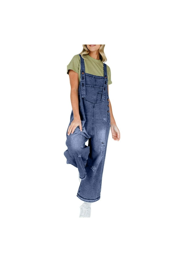 Fashion Denim Overall Women Straight Wide Leg Bib Jeans Overall Adjustable Straps Denim Romper Stretch Jumpsuits