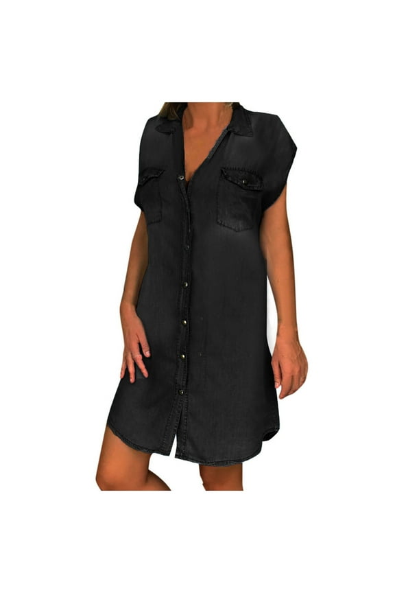 Fashion Denim Shirt Dresses for Women Cap Short Sleeve Jean Dress Juniors Snap Button Down Casual Tunic Top with Pockets