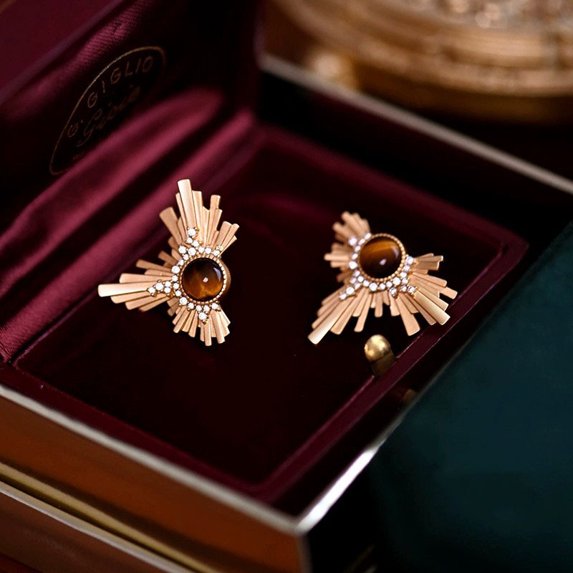 Fashion Design Irregular Ray Tiger's-eye Stone Stud Earrings for Women Gold Color Earrings Party Jewelry Xmas Gifts (Gold-color)