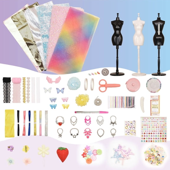Fashion Design Kit for Girls, DIY Sewing Craft Kit with Mannequins, Fabrics & Accessories, Create Stylish Outfits, Perfect Gift for Kids Ages 6+ To Learn Sewing & Boost Creativity