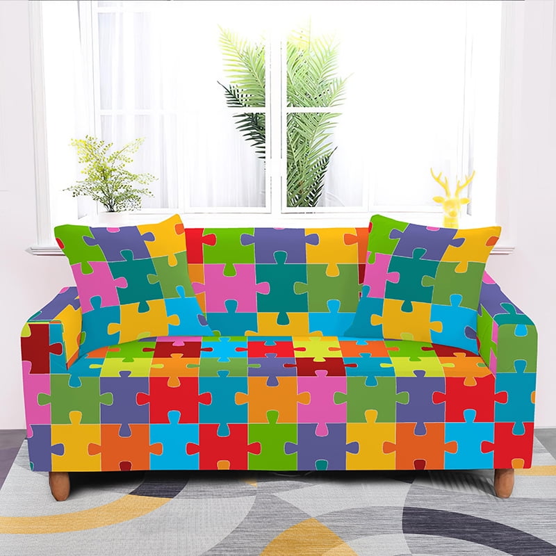 Fashion Design L Shape Sofa Cover For Living Room DustProof Stretch Sectional Colorful Puzzle