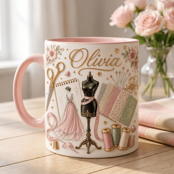Fashion Designer Mug with 3D Effect, Personalized Name Sewing Gift for Designers