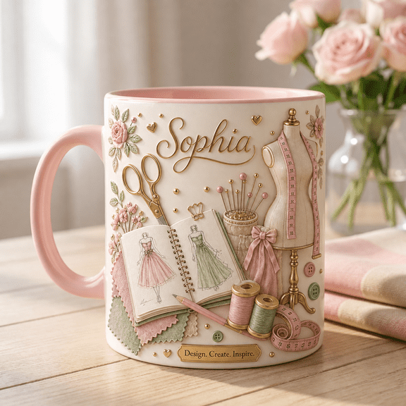 Fashion Designer Mug with 3D Effect, Personalized Name Sewing Gift in Luxury Pastels