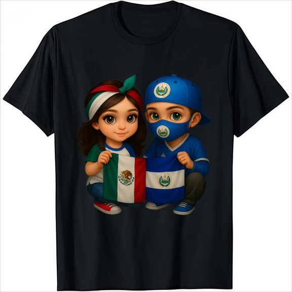 Fashion Designer Print T-ShirtsCute Graphic Tees with Kids Holding Mexico & El Salvador Flags Shirts Casual Cotton Woman Fashion Printed
