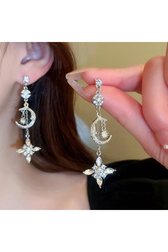 Fashion Diamond-Studded Star Moon Tassel Silver Needle Earrings French Court Style Light Luxury Elegant High-End Feel Earrings for Women