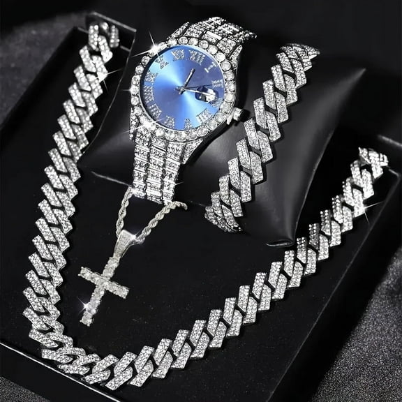 Fashion Diamond Watch for Men Iced Out Wristwatch Band Trim Hip Hop Bracelet Necklace Set