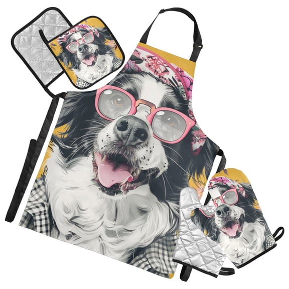 Fashion Dog and Flower 5 Pcs Kitchen Set Heat Resistant Oven Mitts and Non-Slip Pot Holders with Adjustable Cooking Apron