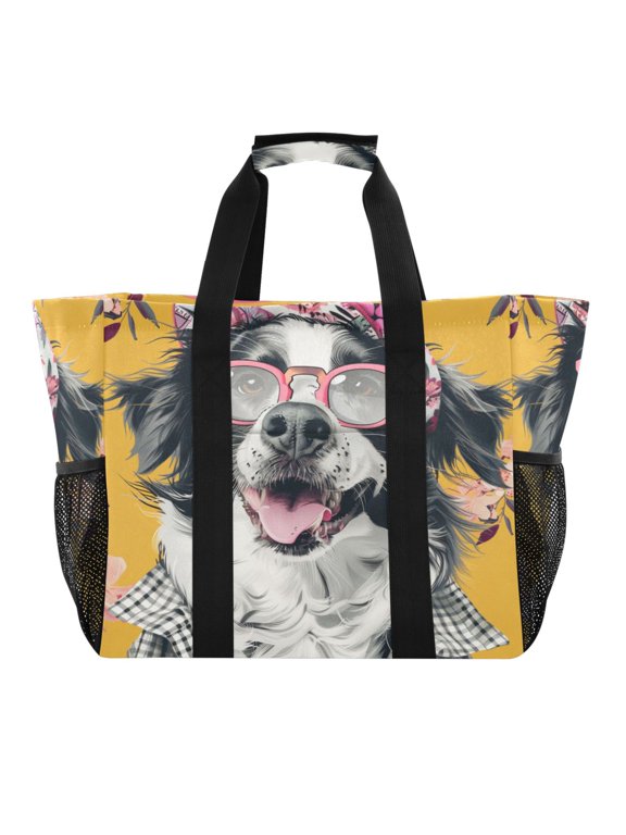 Fashion Dog and Flower Reusable Grocery Bags with Handle Side Pocket Waterproof Shopping Portable Tote