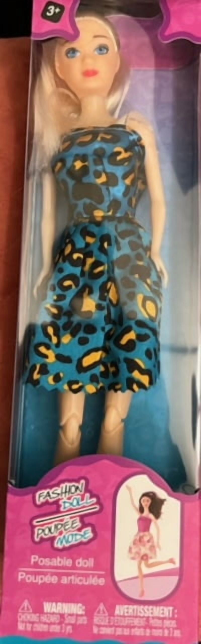 Fashion Doll with Leopard Blue Design Dress - White