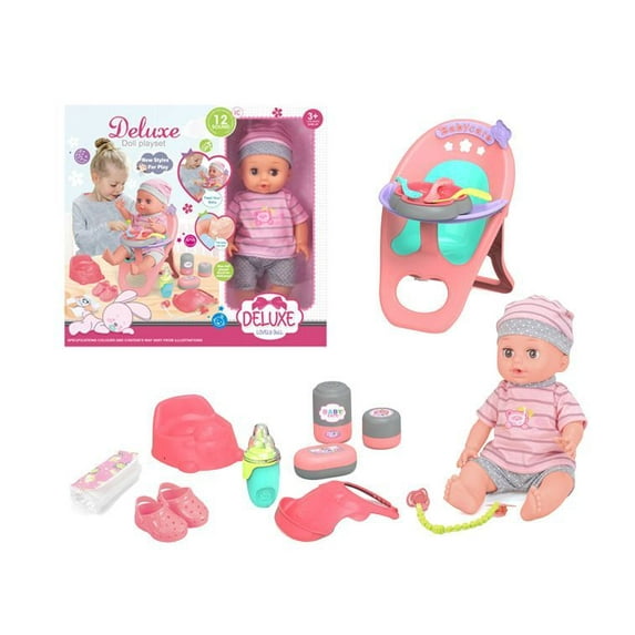 Mundo Toys 14" Baby Doll Playset with High Chair, Feeding Accessories & 12 Sounds, Ages 3+