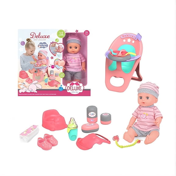 Mundo Toys  14" Baby Doll Playset with High Chair, Feeding Accessories & 12 Sounds, Ages 3+