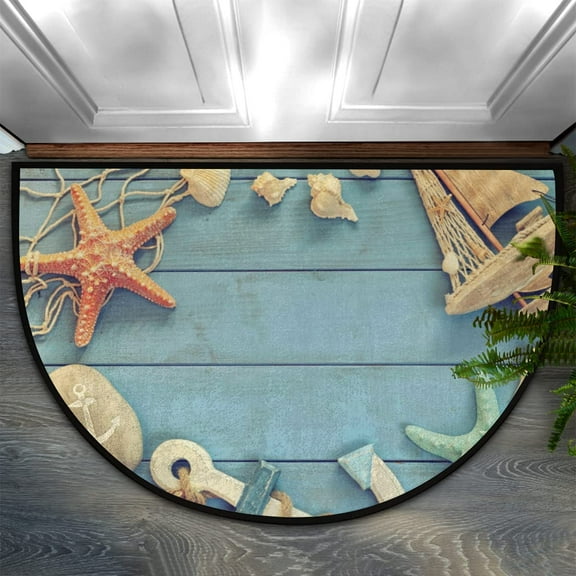 Fashion Doormat Bathroom Rugs Beach Sea Shell Starfish Anchor Half Round Door Mat, Beach Seashell 24X16 Inch Non Slip Ultra Soft Bath Mat Floor Mats Area Rugs for Home Kitchen Patio.