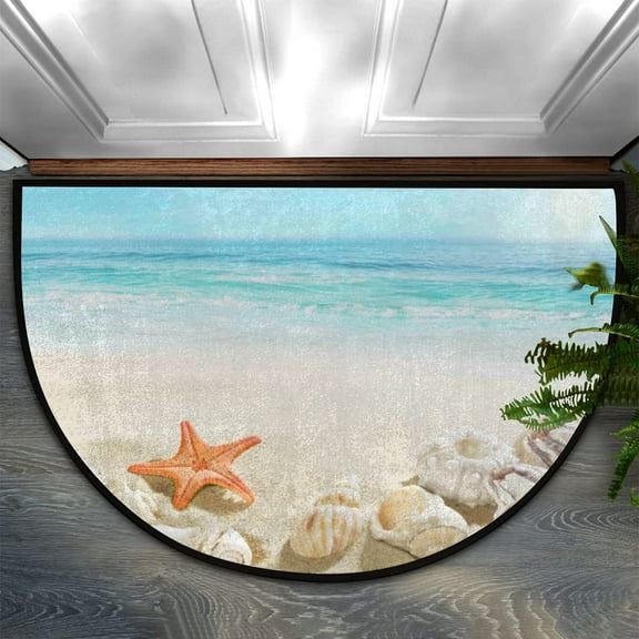 Fashion Doormat Bathroom Rugs Summer Starfish Shells Beach Half Round Door Mat, Beach Seashell 30X17 Inch Non Slip Ultra Soft Bath Mat Floor Mats Area Rugs for Home Kitchen Patio.