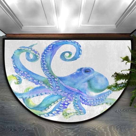 Fashion Doormat Bathroom Rugs Watercolor Ocean Sea Octopus Half Round Door Mat, Beach Seashell 24X16 Inch Non Slip Ultra Soft Bath Mat Floor Mats Area Rugs for Home Kitchen Patio.