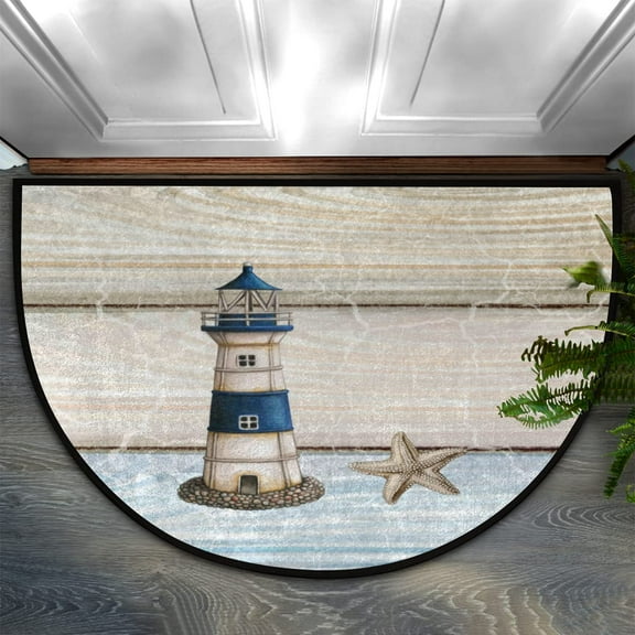 Fashion Doormat Bathroom Rugs Wooden Sea Lighthouse Starfish Half Round Door Mat, Beach Seashell 30X17 Inch Non Slip Ultra Soft Bath Mat Floor Mats Area Rugs for Home Kitchen Patio.
