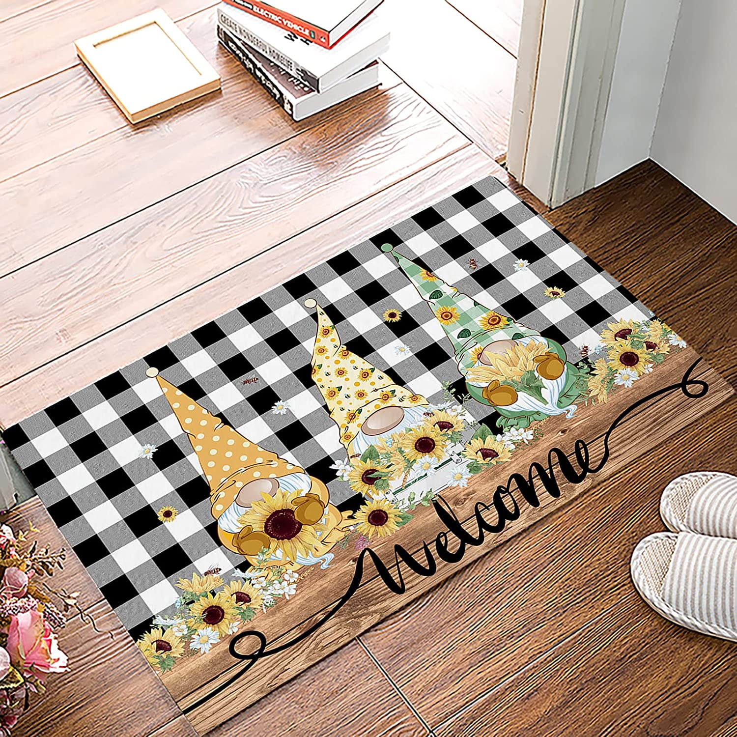 Fashion Doormat Summer Gnome and Sunflower Retro Black White Plaid Non