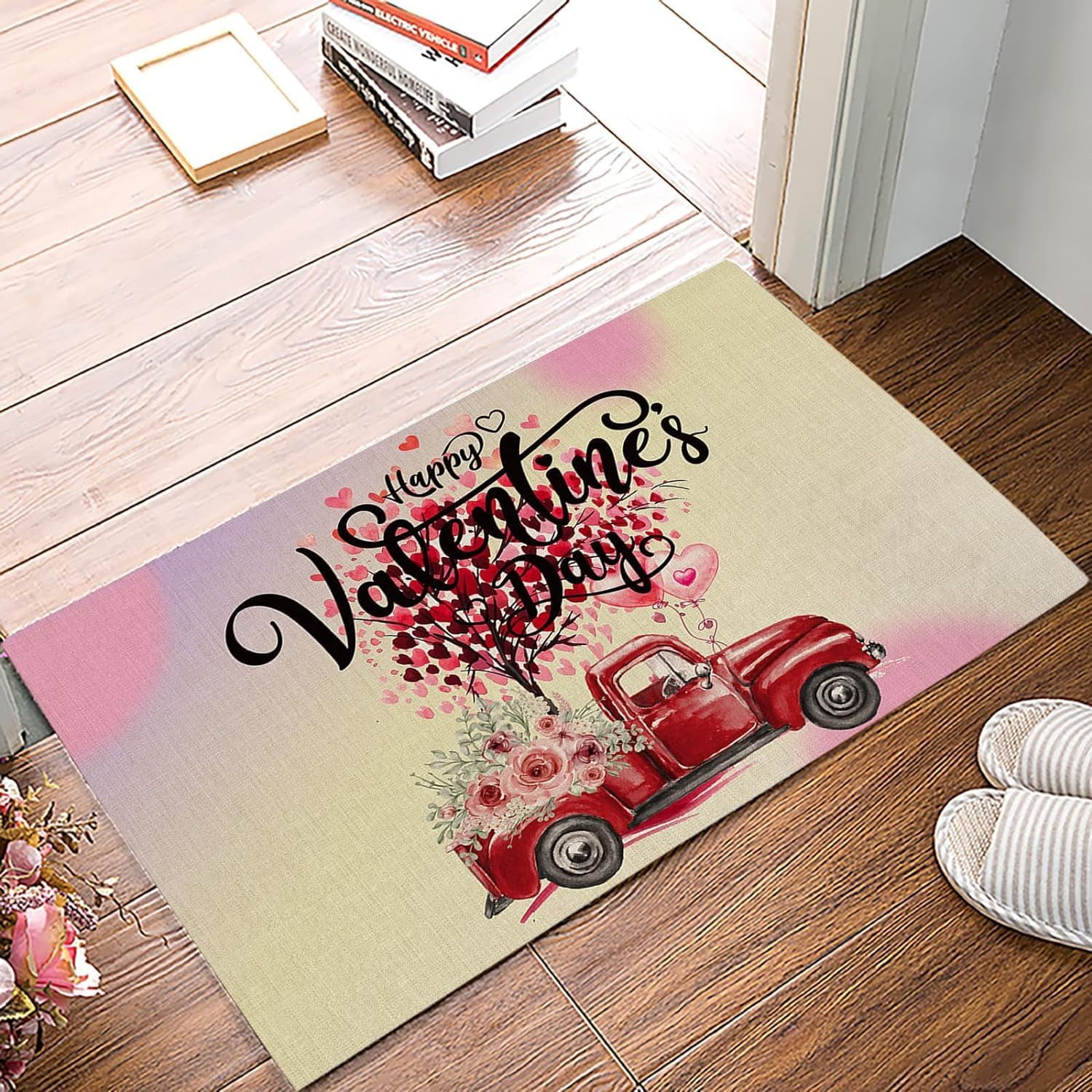 Fashion Doormat Valentine Red Truck Love Heart Roses Texture Non Slip