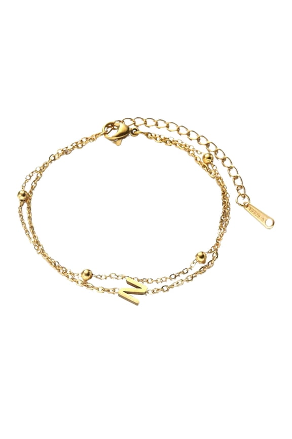 Fashion Double Chain Initials Gold Stainless Steel Bracelet for Women Girls Jewelry Elegantly Stacked Lettered Chain Band Accessories,17 22 cm,Gold N