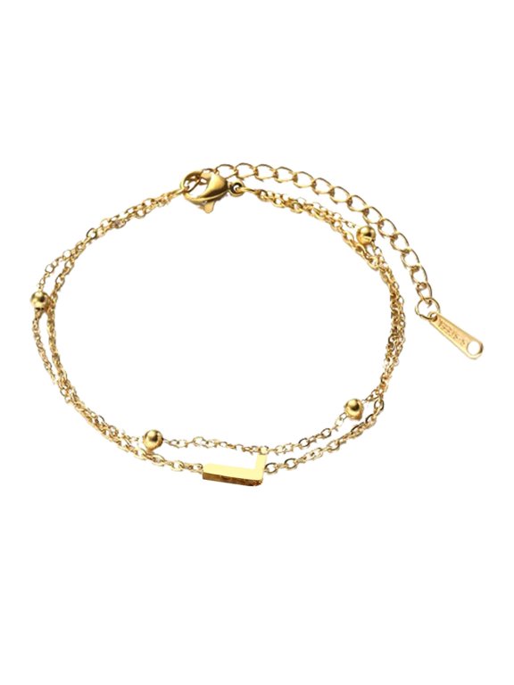 Fashion Double Chain Stacking 26 Letters Gold Stainless Steel Bracelet Initials Jewelry for Women Girls, 17-22 cm, Gold L