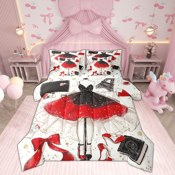 Fashion Dress Bed In A Bag 7 Piece King Black Red Girly Dress Comforter Set Golden Polka Dots Bed Set Eiffel Tower Paris Modern Women Bedding Sheet Red High Heels Romantic Makeup Themed Fitted Sheet