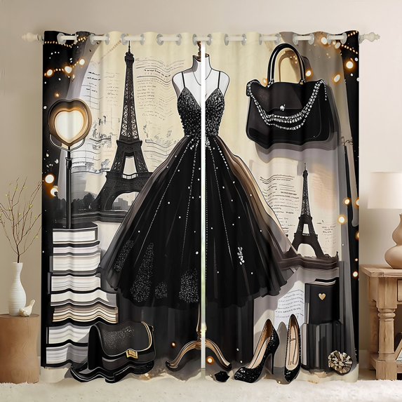 Fashion Dress 30%-50% Blackout Curtains Fashion Girly Black Dress Curtains Eiffel Tower Paris Style Bedroom Curtains Romantic Makeup Themed Window Curtains Women Perfume Print Curtains,104"Wx63"L
